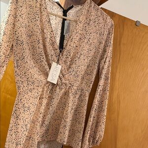 RESA Gold Tan Peplum Wrap Blouse long Sleeve